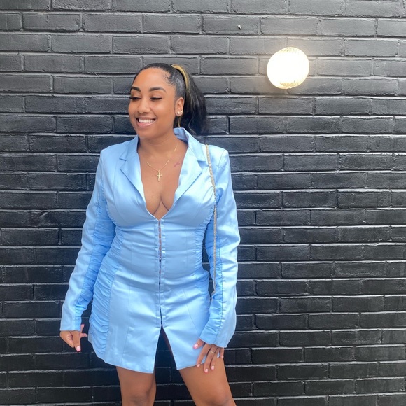 PETITE BLUE RUCHED DETAIL FITTED BLAZER DRESS - Picture 3 of 4